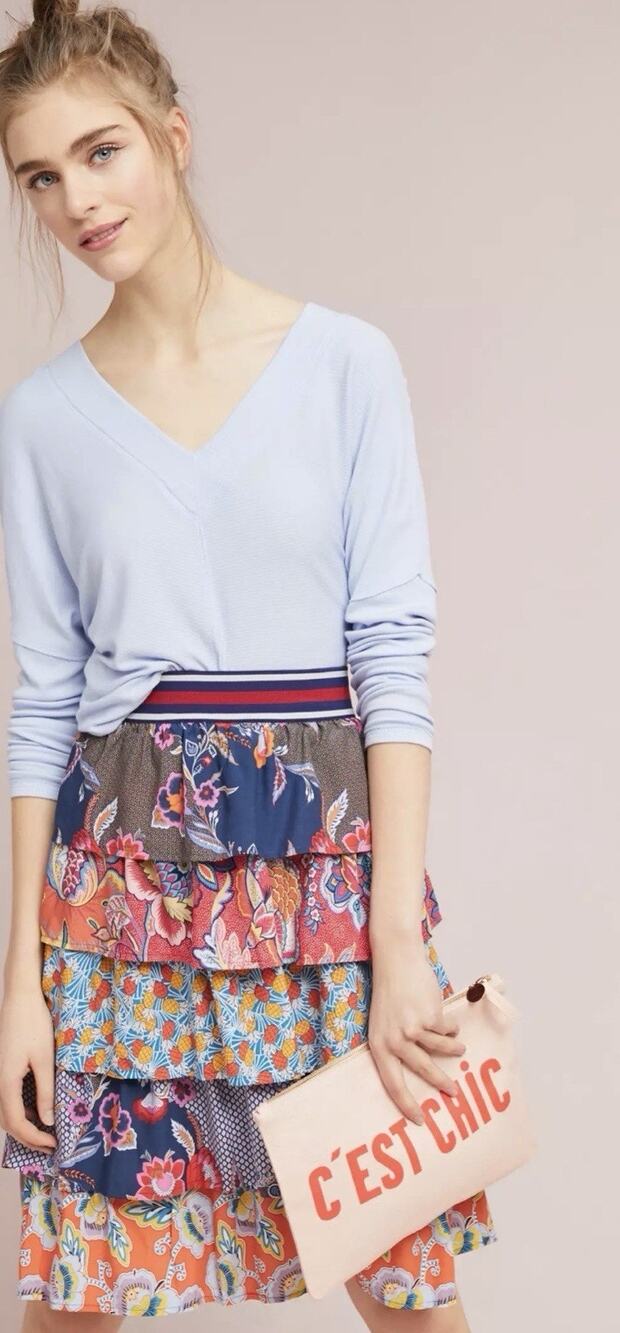 Maeve Anthropologie Mendes Small Floral Tiered Midi Skirt Festival Ruffle Boho